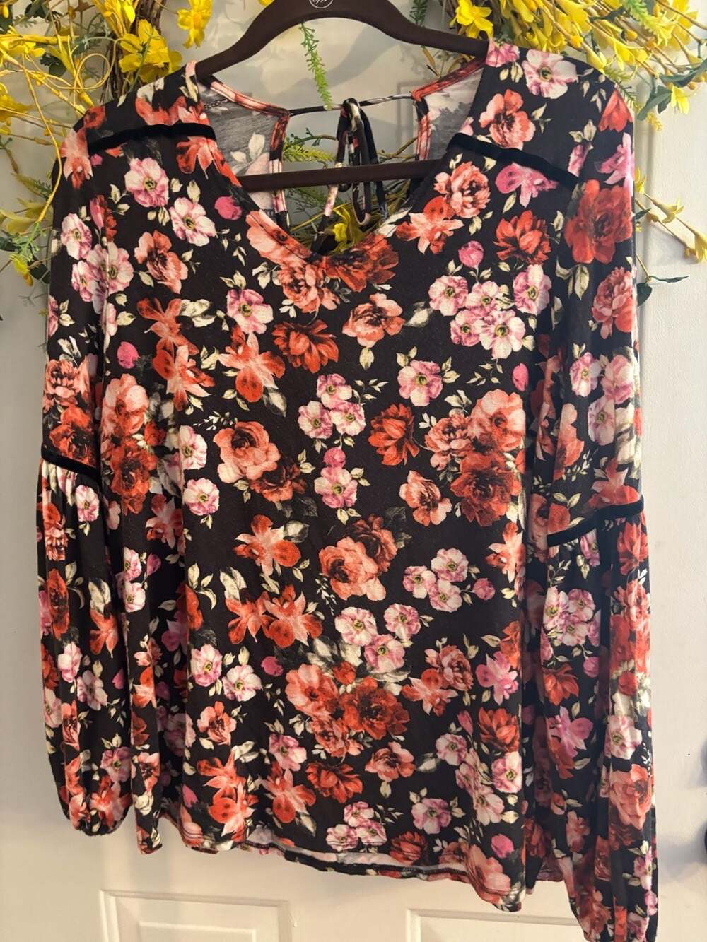 Printed Cutout-Neck Long Sleeve Floral Tunic Top with Velvet Trim